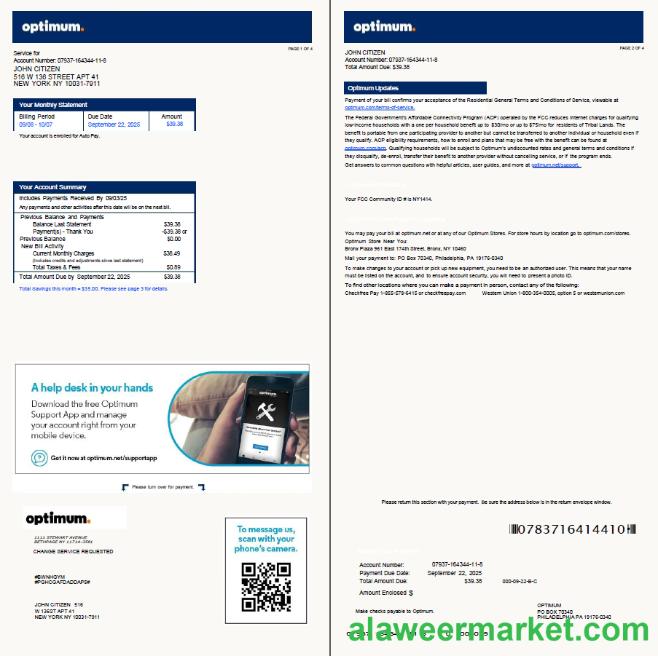 USA Optimum utility bill template in Word and PDF formats, 4 pages, version 2, 1-2 pages